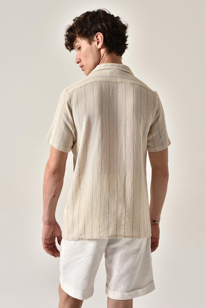 ANT Antioch Blue Striped Mandarin Collar Short Sleeve Linen Shirt - West Valley City
