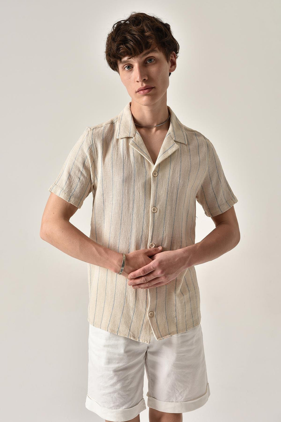 ANT Antioch Blue Striped Mandarin Collar Short Sleeve Linen Shirt - West Valley City