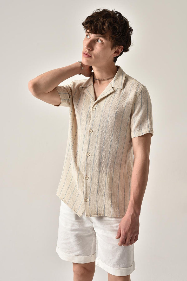 ANT Antioch Blue Striped Mandarin Collar Short Sleeve Linen Shirt - West Valley City