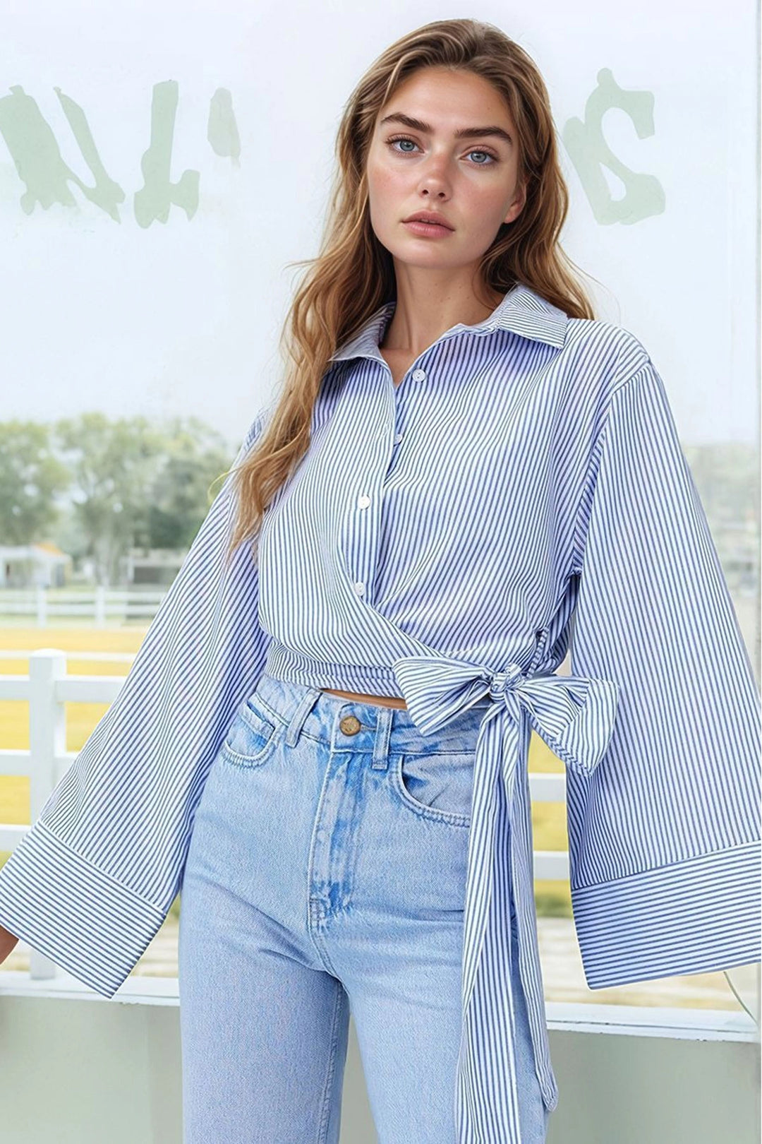 Blue Striped Wide Cuffed Sleeve Detailed Front Tied Poplin Shirt BCDF-2510000 - Valence