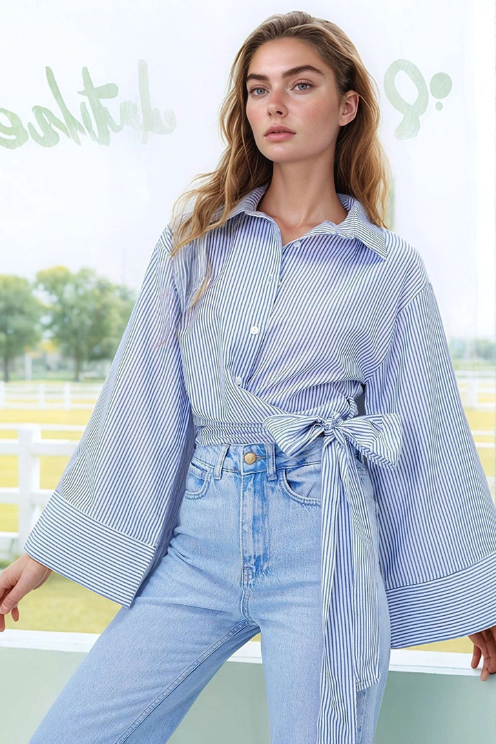 Blue Striped Wide Cuffed Sleeve Detailed Front Tied Poplin Shirt BCDF-2510000 - Valence