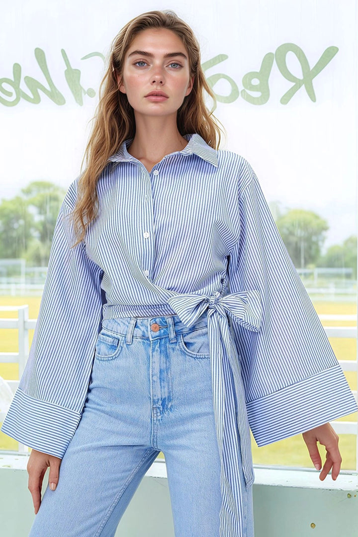 Blue Striped Wide Cuffed Sleeve Detailed Front Tied Poplin Shirt BCDF-2510000 - Valence