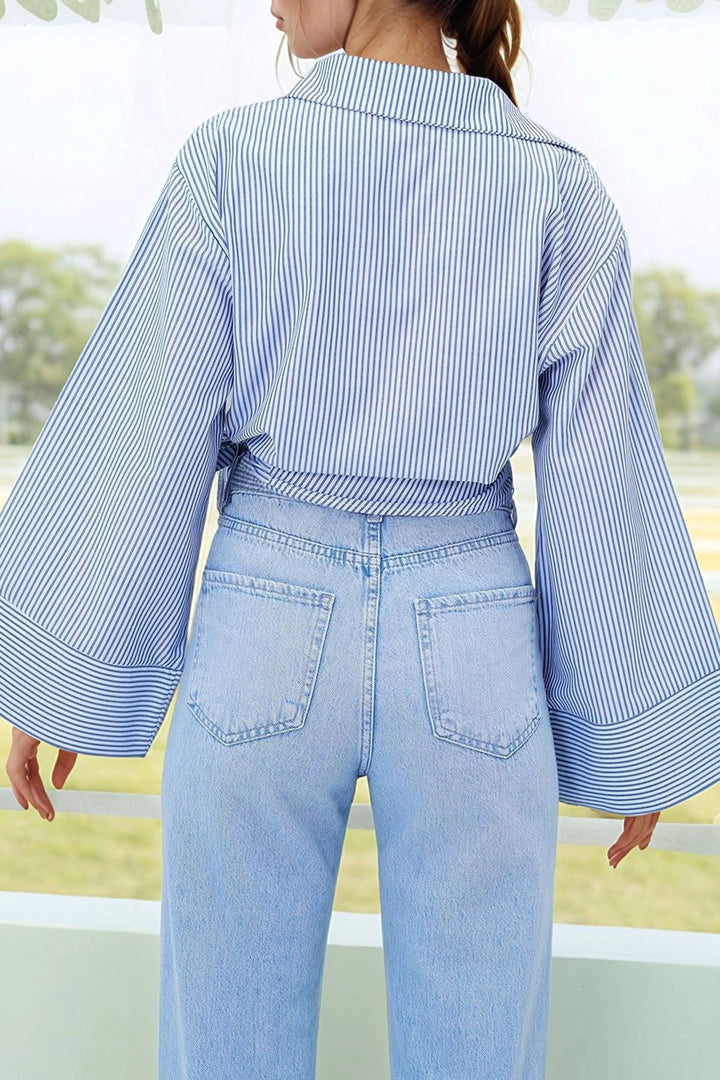 Blue Striped Wide Cuffed Sleeve Detailed Front Tied Poplin Shirt BCDF-2510000 - Valence