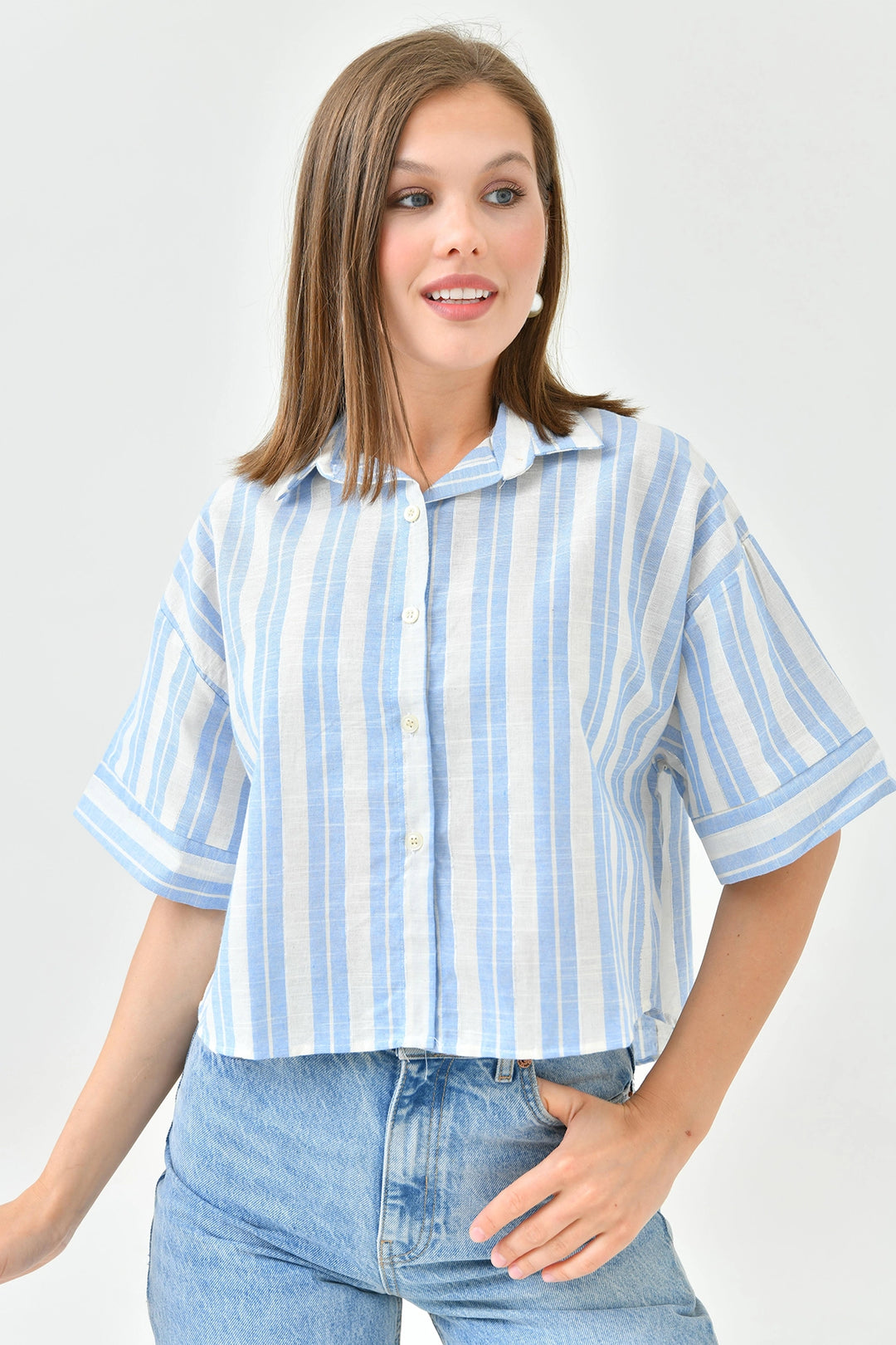 Blue Striped Sequined Double Sleeve Crop Linen Woven Shirt BC241157 - Écija