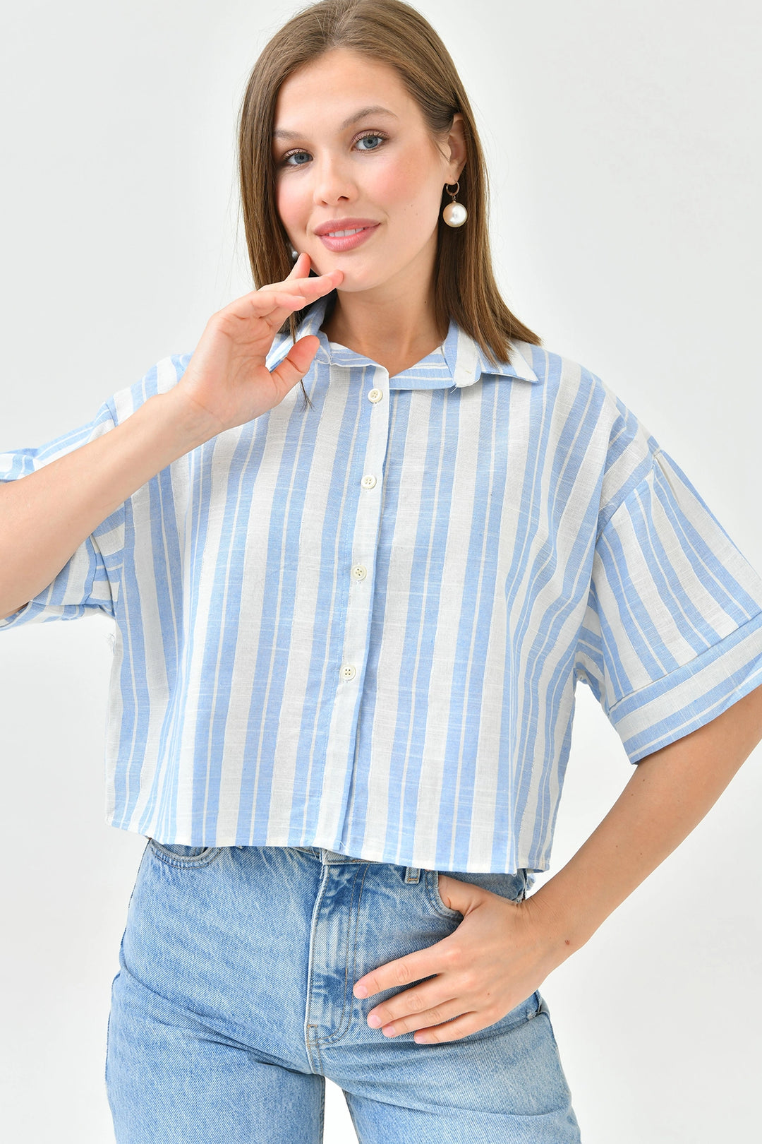 Blue Striped Sequined Double Sleeve Crop Linen Woven Shirt BC241157 - Écija