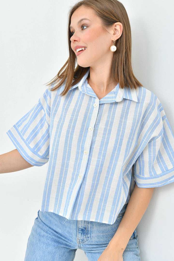 Blue Striped Sequined Double Sleeve Crop Linen Woven Shirt BC241157 - Écija