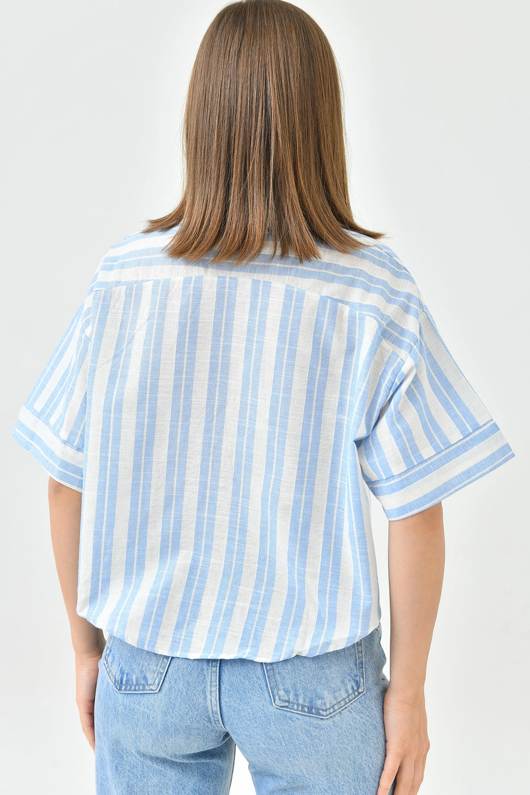 Blue Striped Sequined Double Sleeve Crop Linen Woven Shirt BC241157 - Écija
