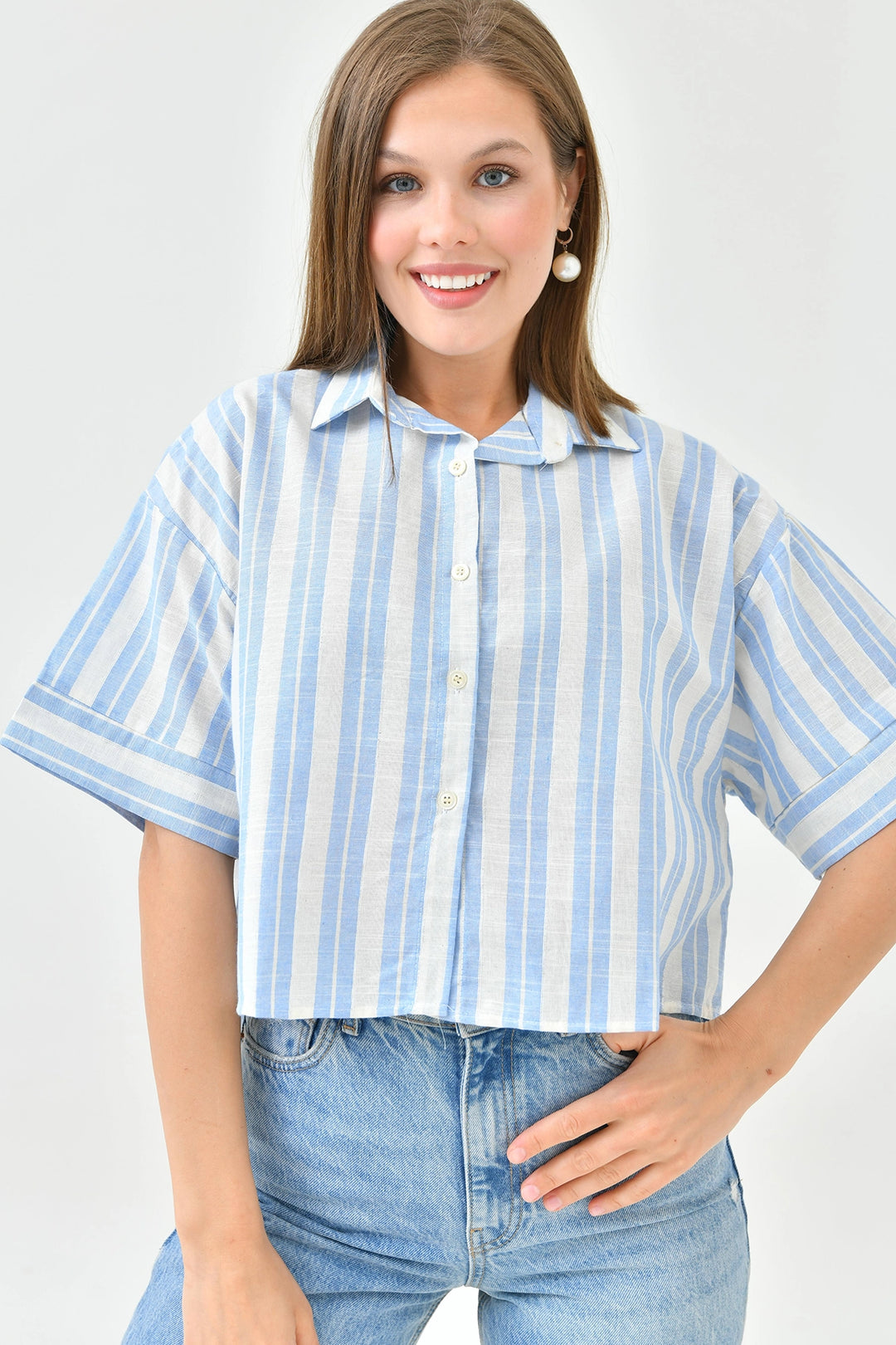 Blue Striped Sequined Double Sleeve Crop Linen Woven Shirt BC241157 - Écija