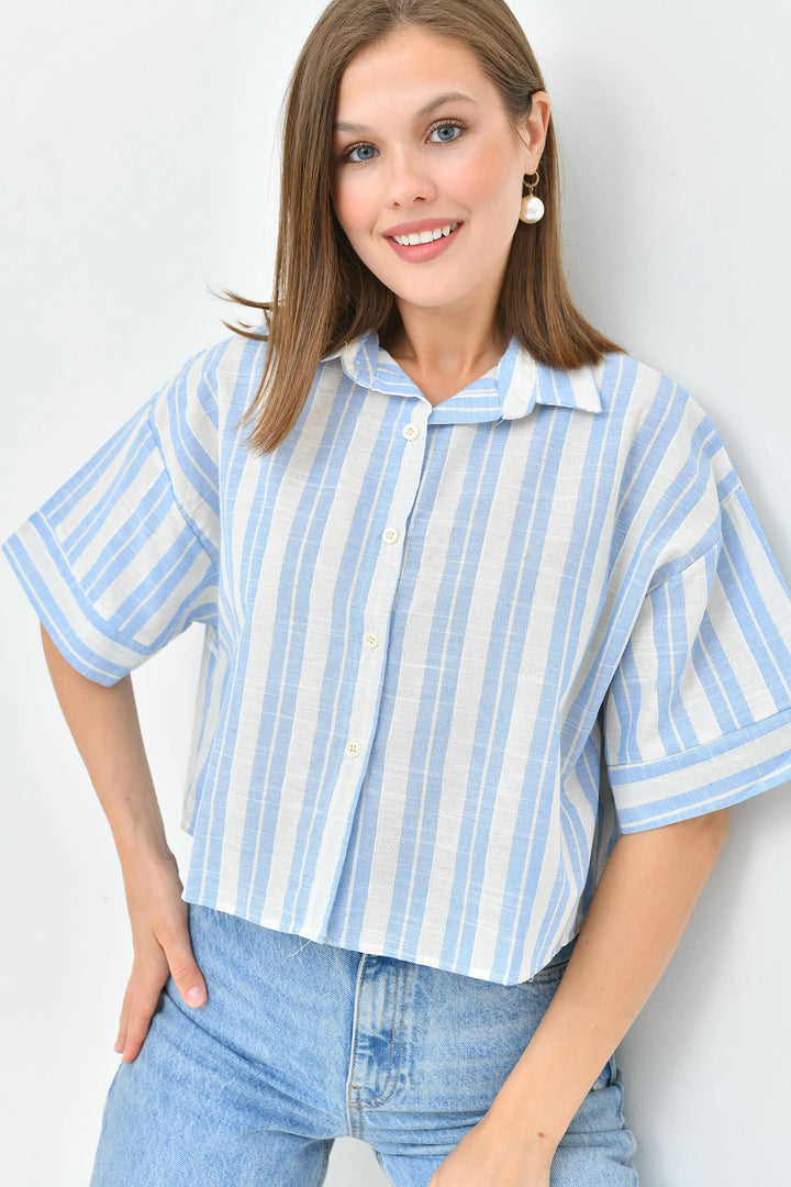 Blue Striped Sequined Double Sleeve Crop Linen Woven Shirt BC241157 - Écija
