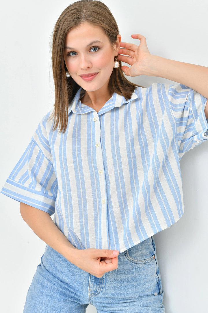 Blue Striped Sequined Double Sleeve Crop Linen Woven Shirt BC241157 - Écija
