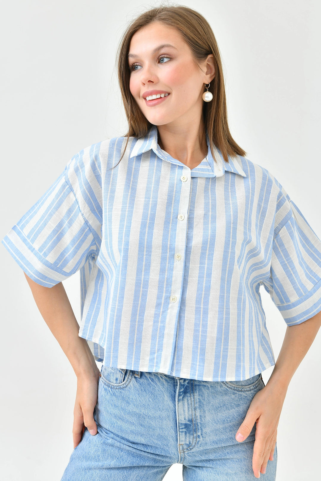 Blue Striped Sequined Double Sleeve Crop Linen Woven Shirt BC241157 - Écija