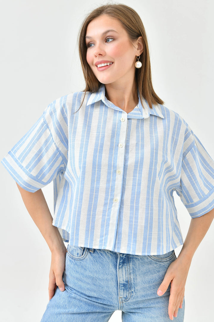 Blue Striped Sequined Double Sleeve Crop Linen Woven Shirt BC241157 - Écija