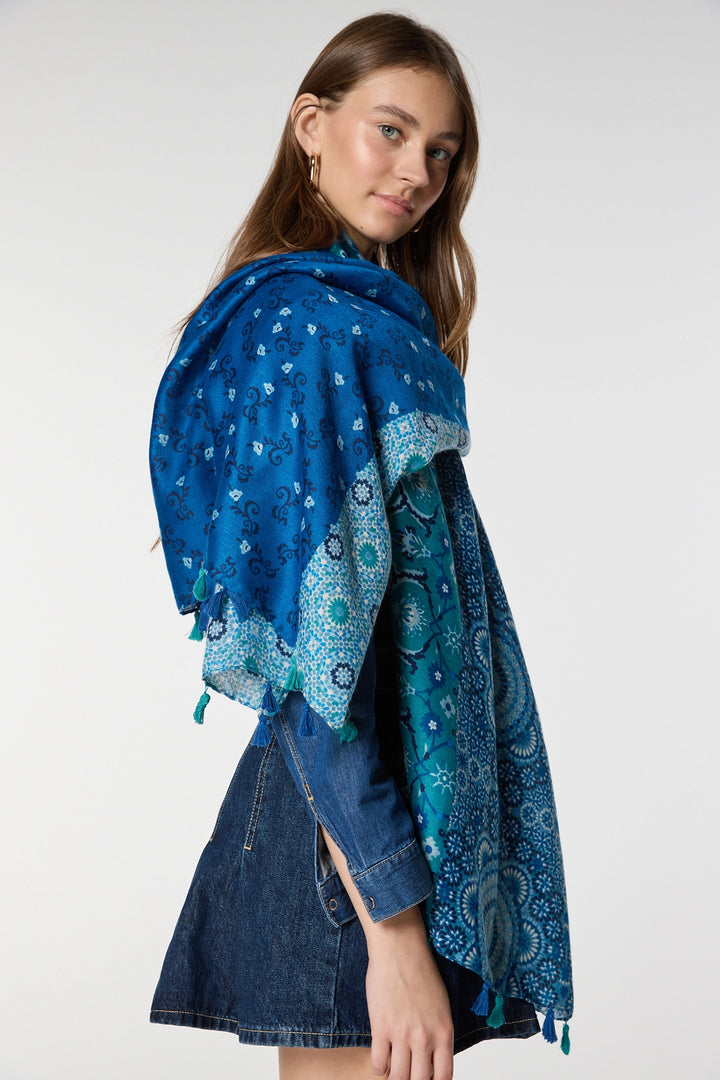 Blue Multi-Patterned Fringed Shawl BCNSV-2515069 - Katwijk