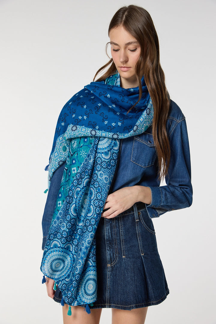 Blue Multi-Patterned Fringed Shawl BCNSV-2515069 - Katwijk