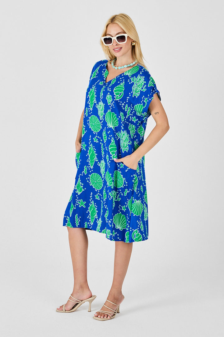 Blue Sea Shell Pattern V Neck Oversized Dress BCVL-254022 - Santa Cruz Xoxocotlán
