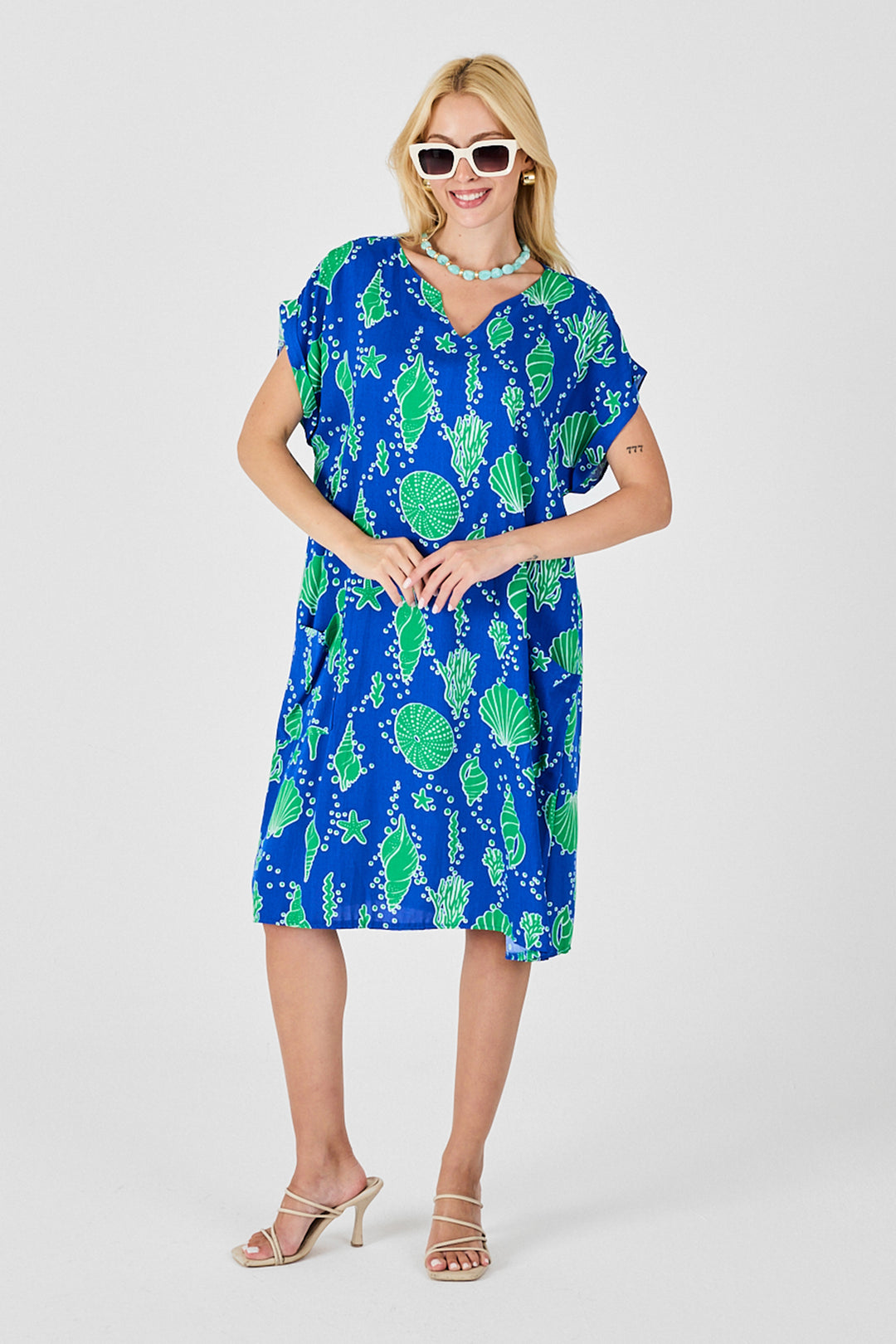 Blue Sea Shell Pattern V Neck Oversized Dress BCVL-254022 - Santa Cruz Xoxocotlán