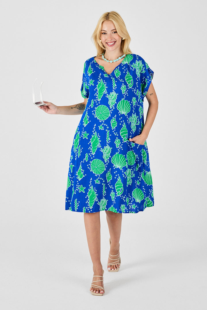 Blue Sea Shell Pattern V Neck Oversized Dress BCVL-254022 - Santa Cruz Xoxocotlán