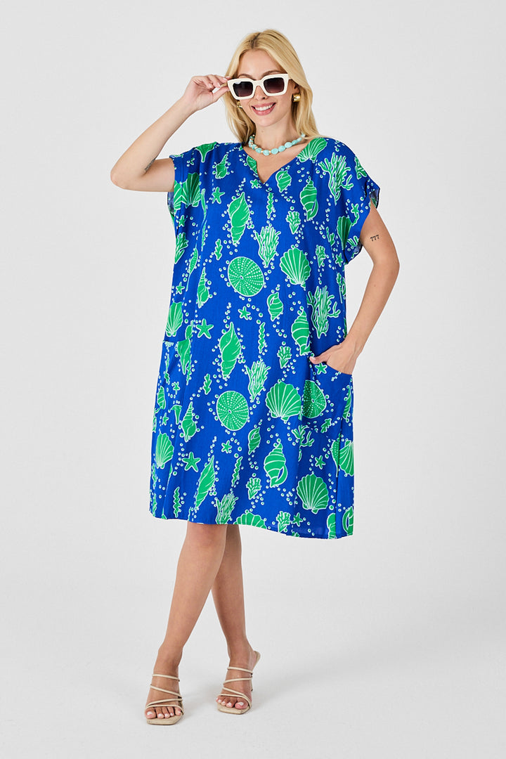 Blue Sea Shell Pattern V Neck Oversized Dress BCVL-254022 - Santa Cruz Xoxocotlán