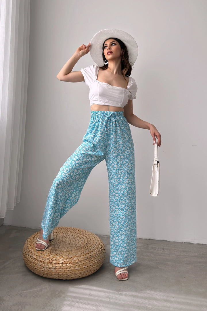 Blue Patterned Elastic Waist Ruffled Pants BCDF-241104 - Ciudad Santa Catarina