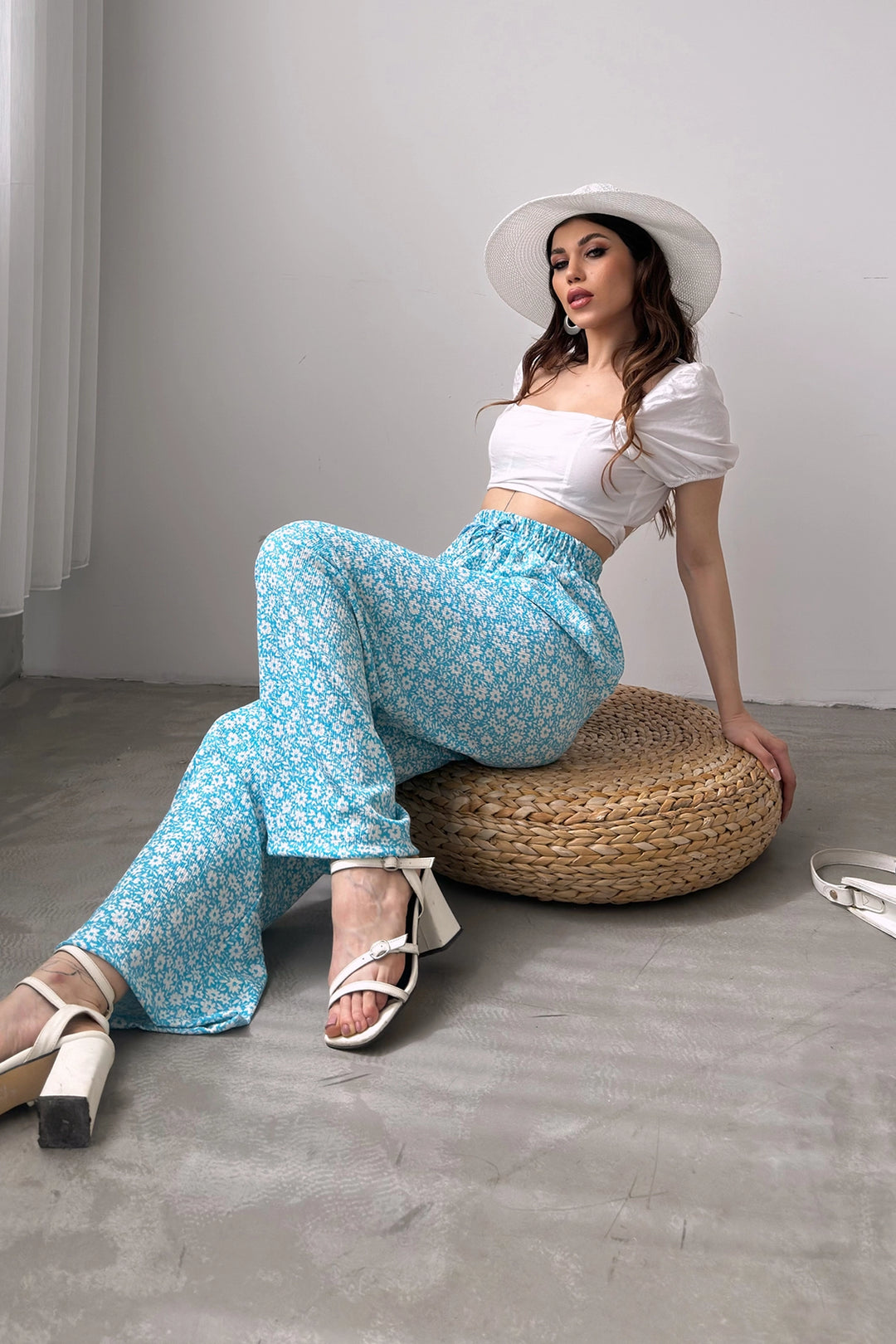 Blue Patterned Elastic Waist Ruffled Pants BCDF-241104 - Ciudad Santa Catarina