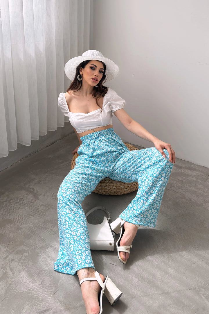 Blue Patterned Elastic Waist Ruffled Pants BCDF-241104 - Ciudad Santa Catarina