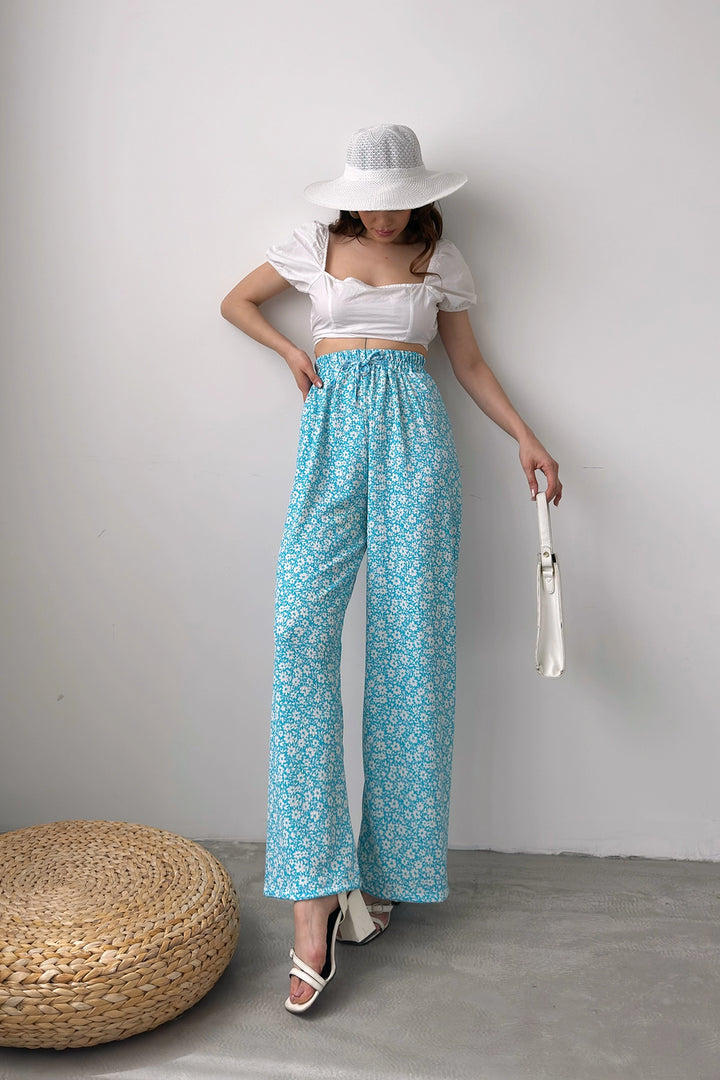 Blue Patterned Elastic Waist Ruffled Pants BCDF-241104 - Ciudad Santa Catarina