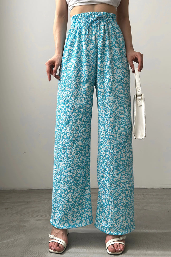 Blue Patterned Elastic Waist Ruffled Pants BCDF-241104 - Ciudad Santa Catarina