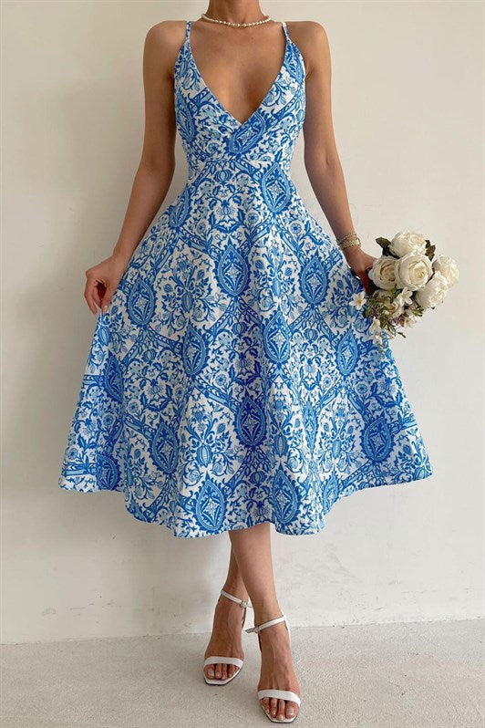 MDX Blue Patterned V-neck Midi Dress MG1537 - Salaberry-de-Valleyfield