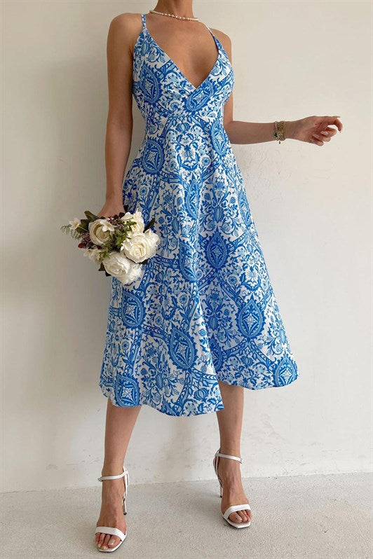 MDX Blue Patterned V-neck Midi Dress MG1537 - Salaberry-de-Valleyfield