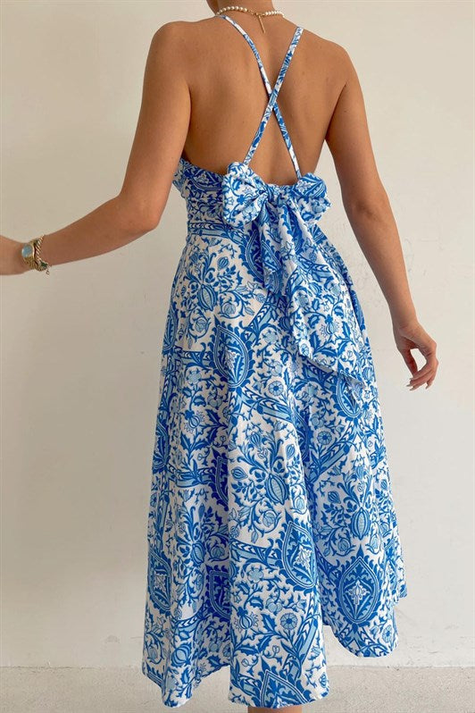 MDX Blue Patterned V-neck Midi Dress MG1537 - Salaberry-de-Valleyfield
