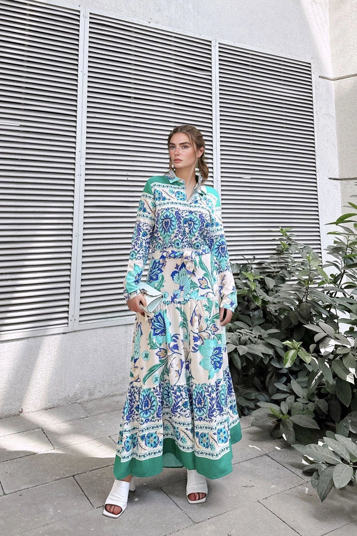 Blue Patterned Loose Waist Belted Dress BCBSK-25700-3439 - Aurich