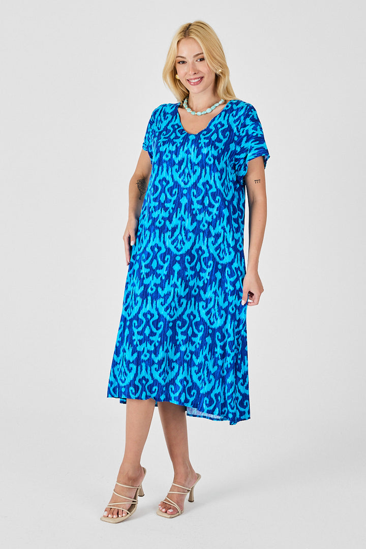 Blue Patterned V-Neck Midi Dress BCVL-254014 - Barking