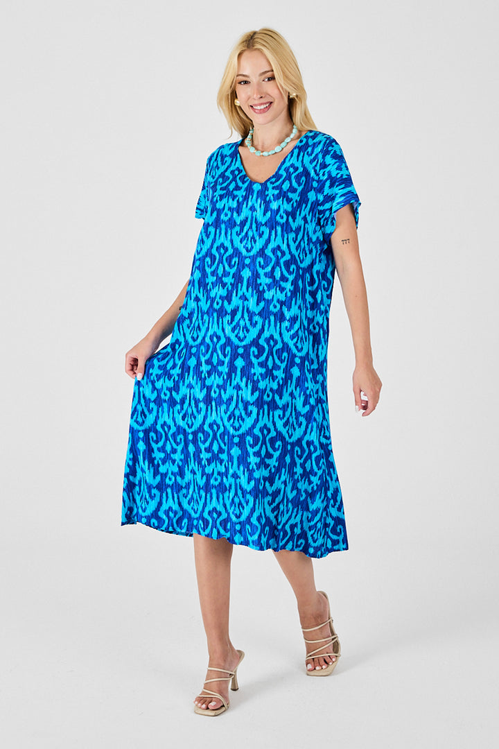 Blue Patterned V-Neck Midi Dress BCVL-254014 - Barking
