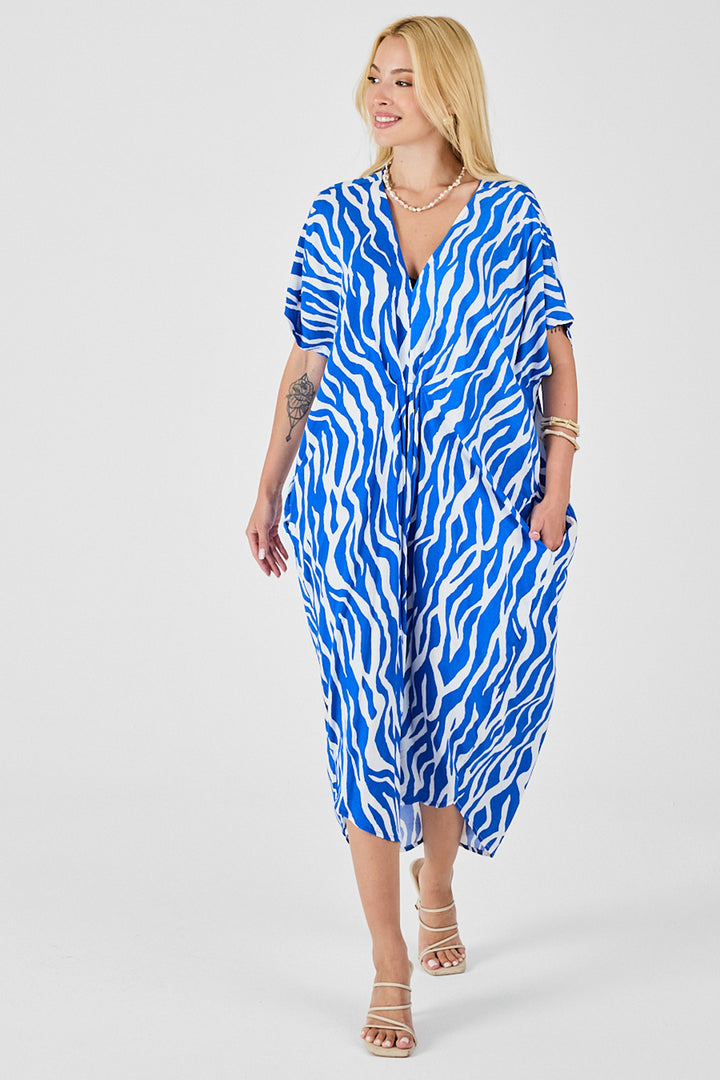Blue Patterned V-Neck Loose Fit Kaftan Dress BCVL-254024 - Chisinau