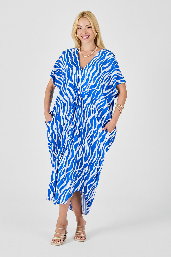 Blue Patterned V-Neck Loose Fit Kaftan Dress BCVL-254024 - Chisinau