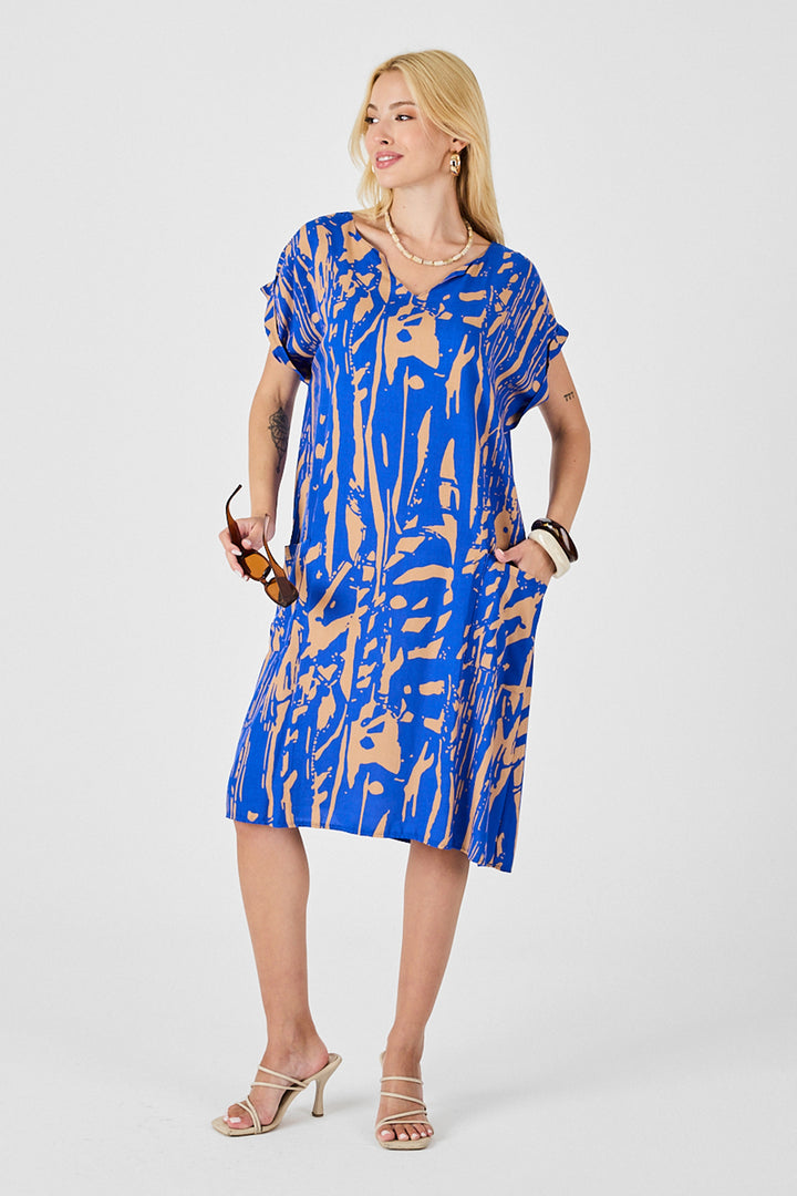Blue Patterned V-Neck Batwing Sleeve Oversized Midi Dress BCVL-254019 - Ponta Delgada