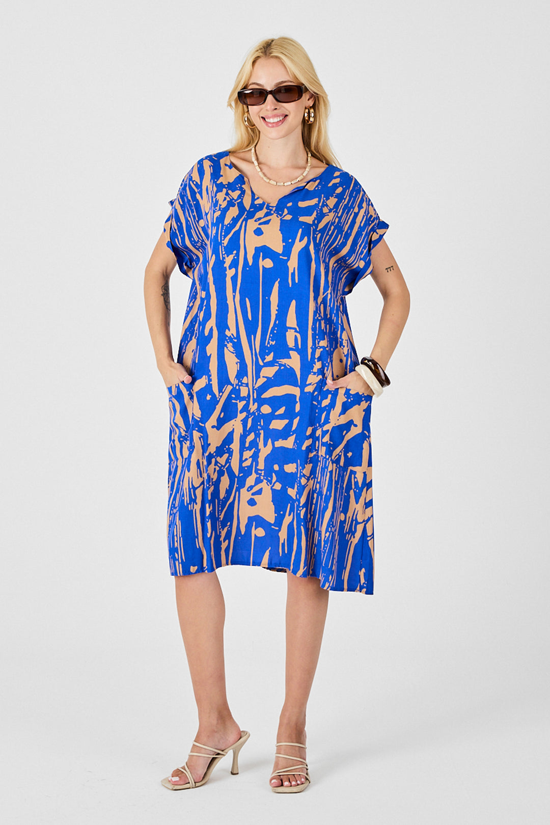 Blue Patterned V-Neck Batwing Sleeve Oversized Midi Dress BCVL-254019 - Ponta Delgada