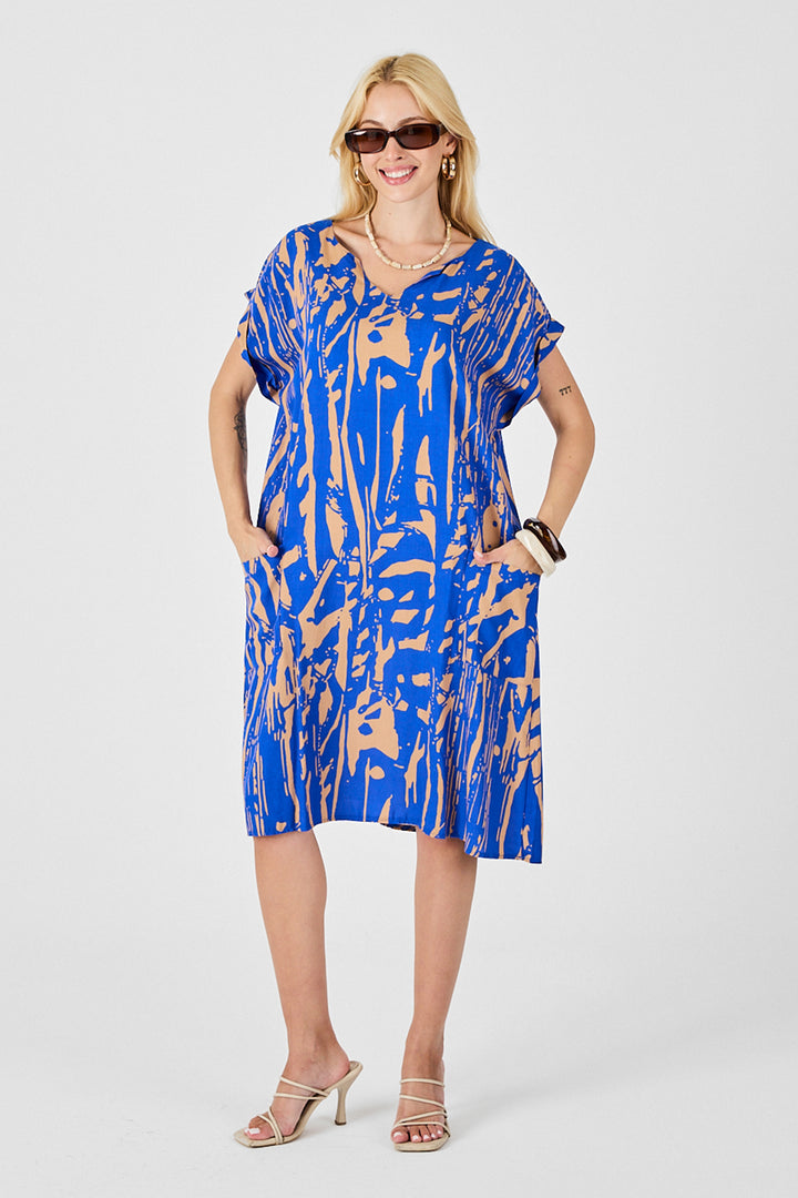 Blue Patterned V-Neck Batwing Sleeve Oversized Midi Dress BCVL-254019 - Ponta Delgada