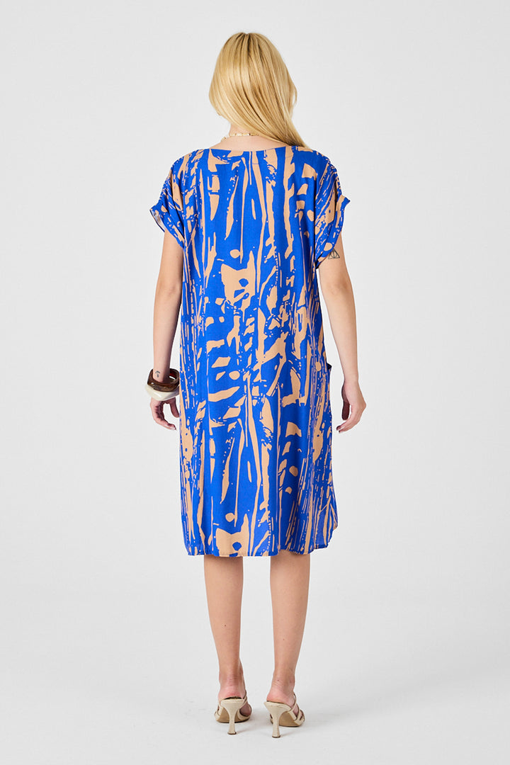Blue Patterned V-Neck Batwing Sleeve Oversized Midi Dress BCVL-254019 - Ponta Delgada
