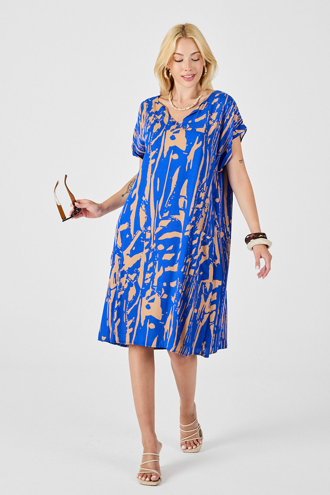 Blue Patterned V-Neck Batwing Sleeve Oversized Midi Dress BCVL-254019 - Ponta Delgada