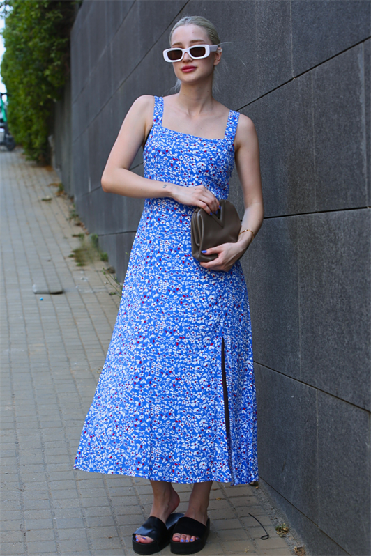 MDX Blue Patterned Slit Long Dress MG1868 - Santiago Juxtlahuaca