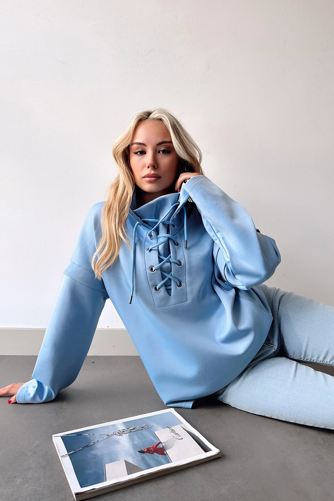 Blue Crew Neck Bird Eye Lace-up Scuba Sweatshirt BCPK-236000 - Fasano