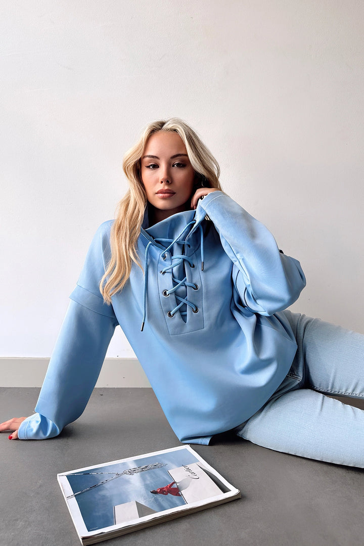 Blue Crew Neck Bird Eye Lace-up Scuba Sweatshirt BCPK-236000 - Fasano