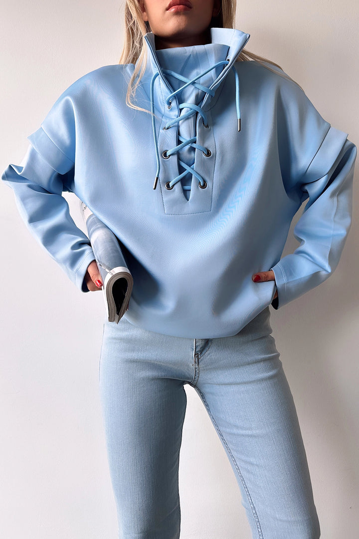 Blue Crew Neck Bird Eye Lace-up Scuba Sweatshirt BCPK-236000 - Fasano