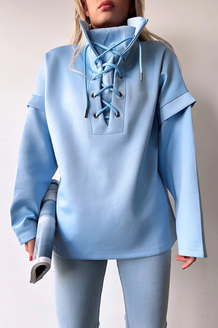 Blue Crew Neck Bird Eye Lace-up Scuba Sweatshirt BCPK-236000 - Fasano