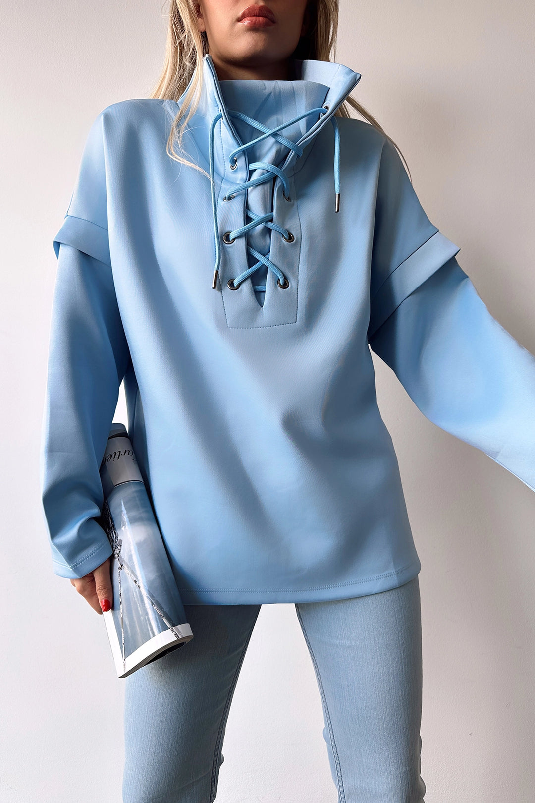 Blue Crew Neck Bird Eye Lace-up Scuba Sweatshirt BCPK-236000 - Fasano