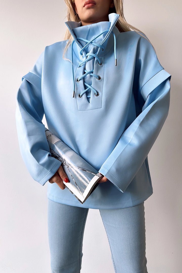 Blue Crew Neck Bird Eye Lace-up Scuba Sweatshirt BCPK-236000 - Fasano