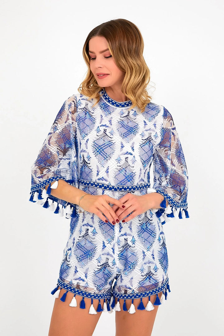 Blue Crew Neck Backless Jumpsuit with Lining and Tassel Detail BCVL-251000TLM - Jonesboro