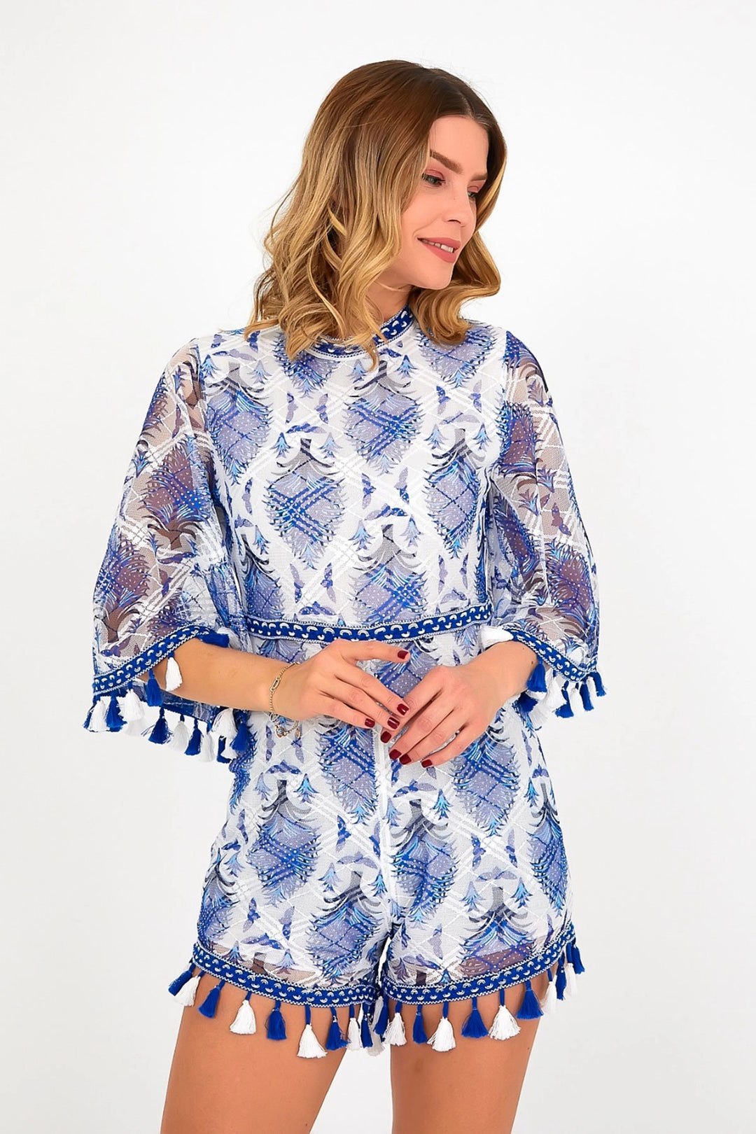Blue Crew Neck Backless Jumpsuit with Lining and Tassel Detail BCVL-251000TLM - Jonesboro