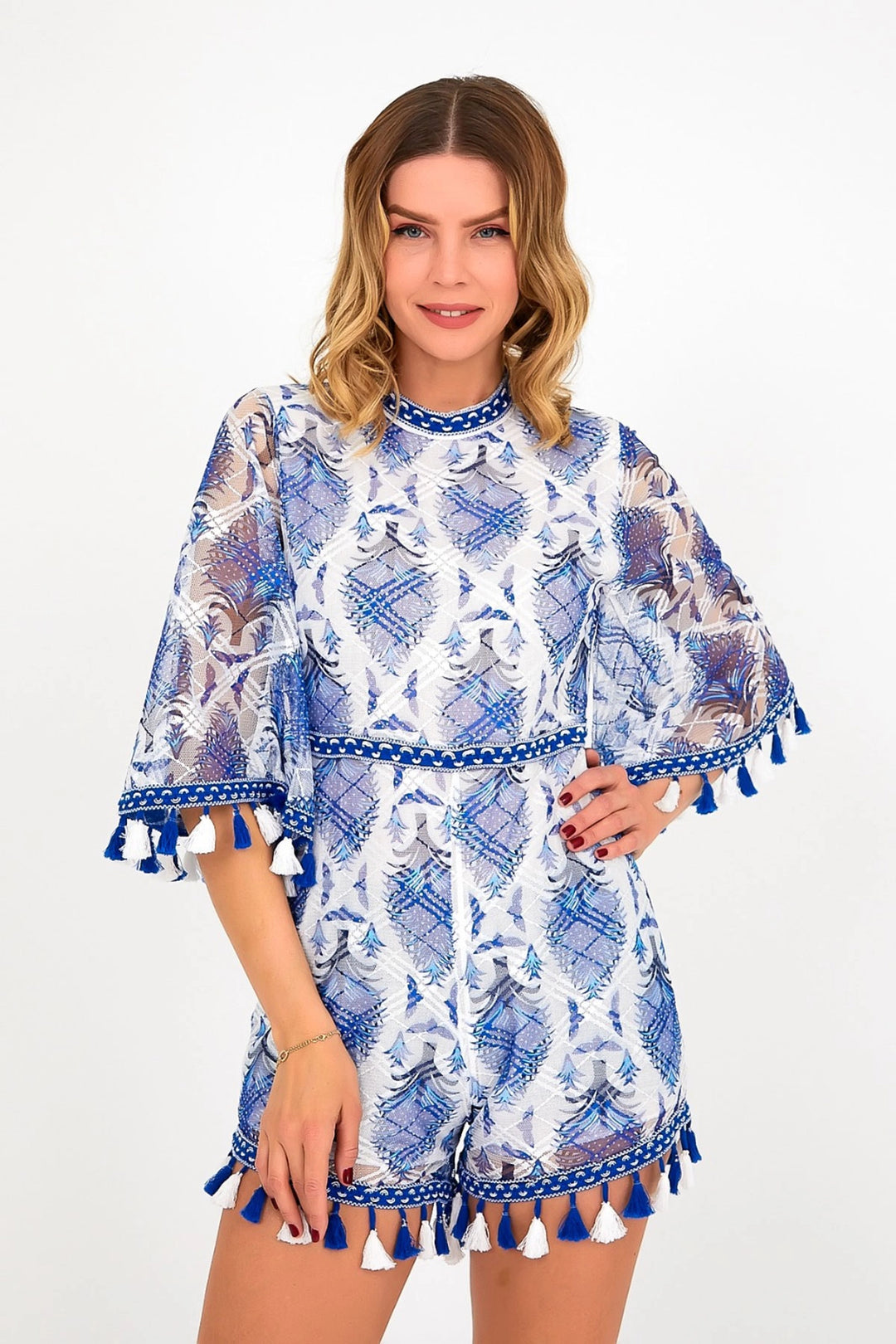 Blue Crew Neck Backless Jumpsuit with Lining and Tassel Detail BCVL-251000TLM - Jonesboro